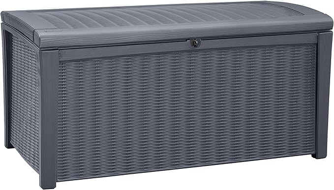 Keter Outdoor Storage Deck Box for Patio, Backyard & Garden, Borneo, 110 Gal, Grey - Lockable, Organizing, and Waterproof Plastic Container Bench by Keter