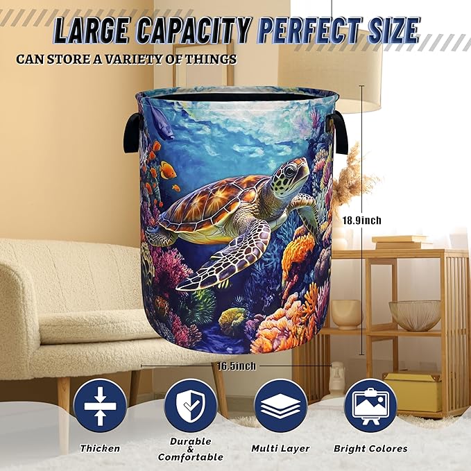Funny Turtles Laundry Basket Oxford Cloth Ocean Animal Sea Turtle Laundry Hamper - Image 3