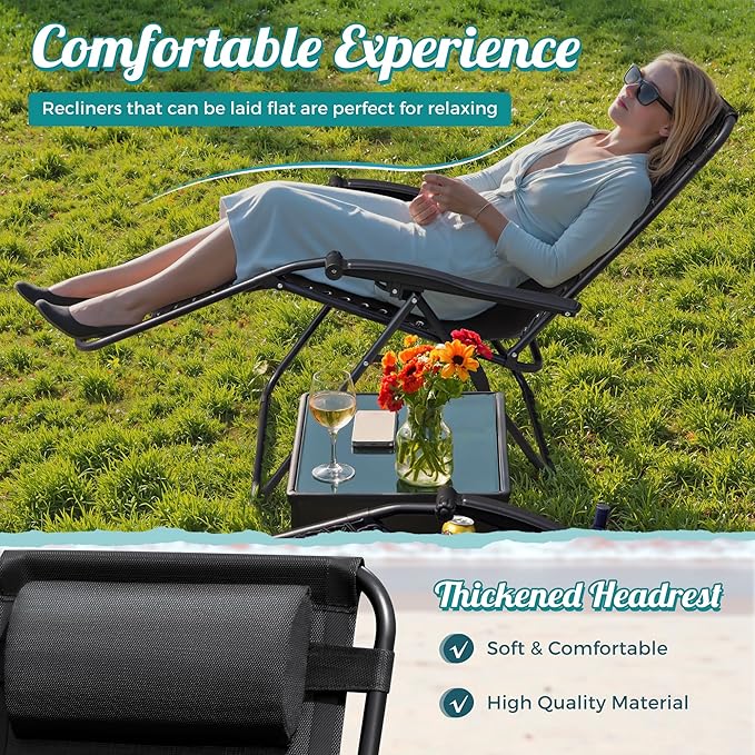 Homall Zero Gravity Chair Patio Folding Lawn Lounge Chairs Outdoor Lounge Gravity Chair Camp Reclining Chair with Pillows for Poolside Backyard and Beach Set of 2 (Dark Black) - Image 5