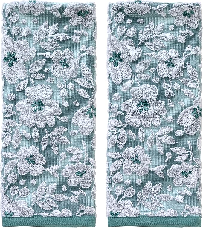SKL Home Floral Jacquard 100% Cotton 2pc Hand Towel Set, Reversible & Decorative by SKLHomebySaturdayKnightLtd