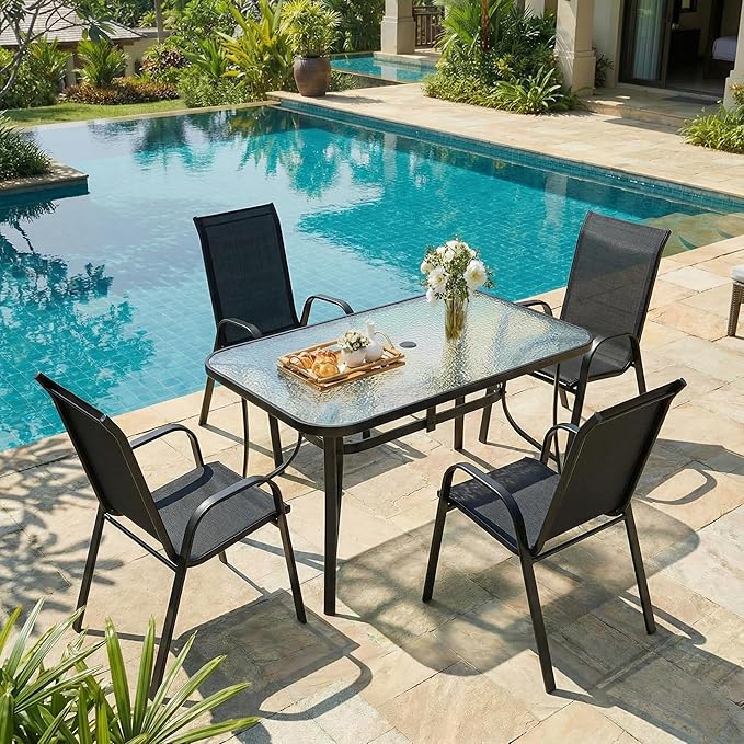 MAMIZO Patio Dining Chairs, Stackable All Weather Teslin Chair, Heavy Duty Outdoor Breathable Chairs Set, w/Armrests, Upgraded Chair FeetW/Strenthened Iron Spacers, 330 LBS (4, Black) - Image 9