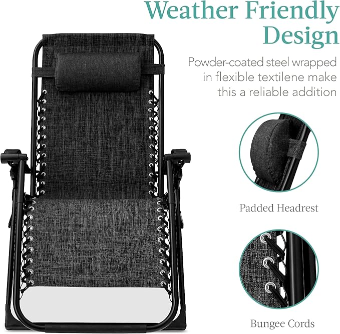 Best Choice Products Oversized Zero Gravity Chair, Folding Outdoor Patio Recliner, XL Anti Gravity Lounger w/Removable Cushion, Cup Holder, Side Tray, 350lb Capacity - Onyx Black - Image 5