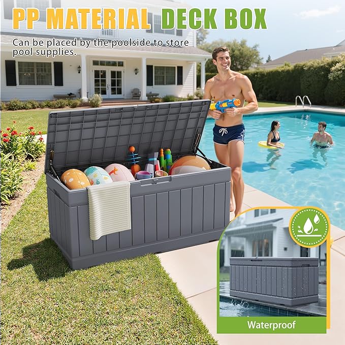 Greesum Outdoor Storage Box 82 Gallon Storage Bin with Lid for Patio Furniture, Garden Tools, Pool Supplies, Waterproof and UV Resistant, Lockable, Gray - Image 2