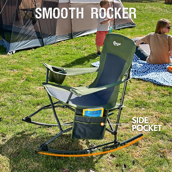 Portal Outdoor Rocking Chair Camping Folding Portable Rocker with Cup Holder Side Pocket Carry Bag, Support 350LBS (Green) - Image 4
