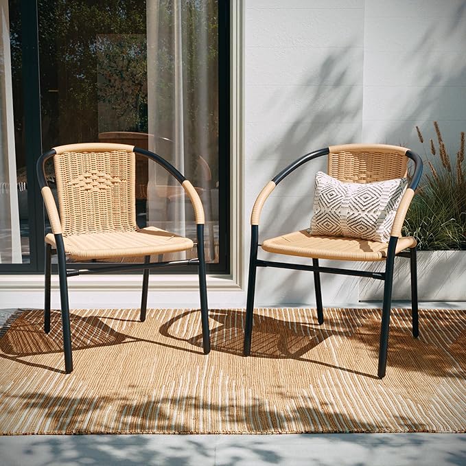 EMMA + OLIVER Set of 2 Modern Rattan Indoor/Outdoor Stack Chairs, Stacking Rattan Patio Chairs with Curved Back and Cross Bracing, Beige - Image 6