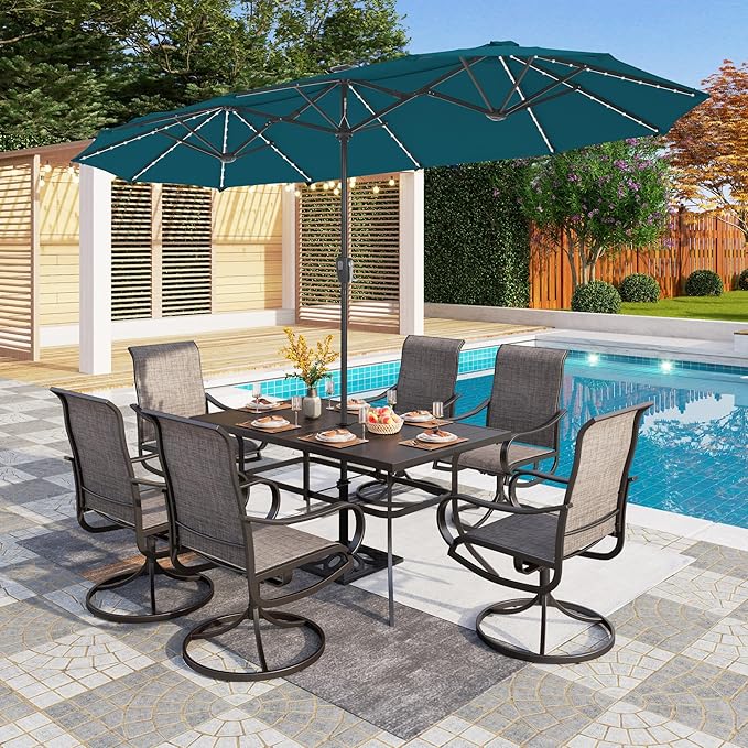 PHI VILLA 13ft Patio Umbrella with Solar-Powered 120 PCS LED Color-Changing Lights, Triple-Head Large Rectangle Umbrella Outdoor Patio for Table with Crank Lift,Cyan(No Base) - Image 7