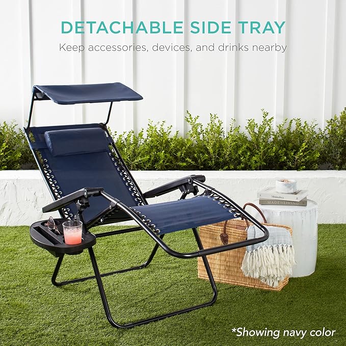 Best Choice Products Folding Zero Gravity Outdoor Recliner Patio Lounge Chair w/Adjustable Canopy Shade, Headrest, Side Accessory Tray, Textilene Mesh - Burgundy - Image 8