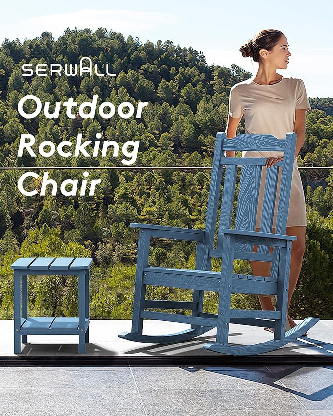 SERWALL Oversized Rocking Chair Outdoor, HDPE Outdoor Rocking Chair, Blue - Image 8