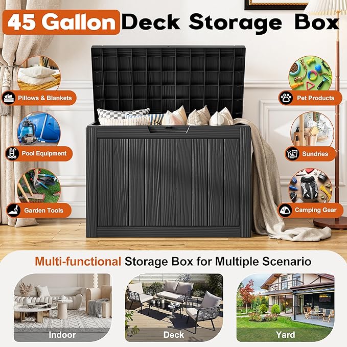 Outdoor Storage Box, Resin Deck Boxes Indoor and outdoor, Waterproof Storage Box Lockable Lid (Black, 45 Gallon) - Image 3
