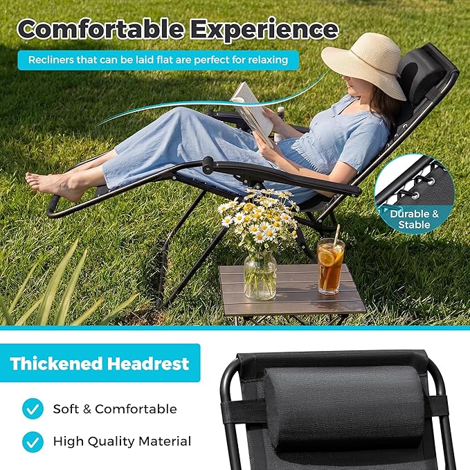 Homall Zero Gravity Chair Patio Folding Lawn Outdoor Lounge Gravity Camp Reclining Lounge Chair with Cup Holder Pillows for Poolside Backyard and Beach Set of 4 (Black) - Image 5