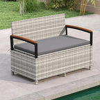 RELAX4LIFE Wicker Outdoor Storage Bench, Rattan Deck Box w/Protective Liner for Patio Furniture Pillows & Garden Tools, Porch Loveseat with Seat Cushion, Acacia Wood Armrests (Grey) by RELAX4LIFE