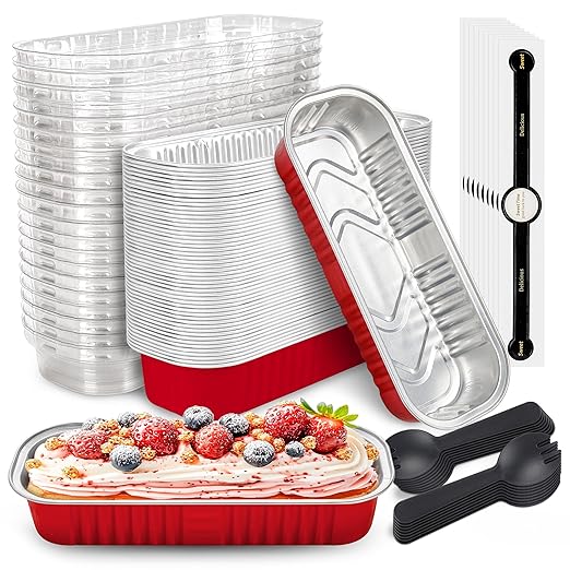 50 PACK Mini Cake Pans with Lids and Spoons, Rectangular Aluminum Foil Bread Pan by NPLUX