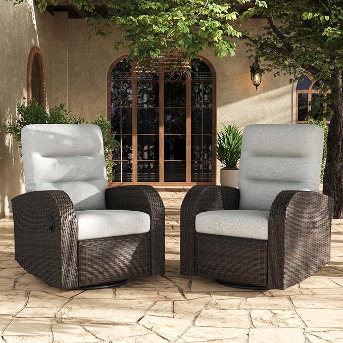 LayinSun Oversized Wicker Outdoor Swivel Glider Recliner with Adjustable Backrest & Footrest, Patio Reclining Lounge Chair - Set of 2 by LayinSun