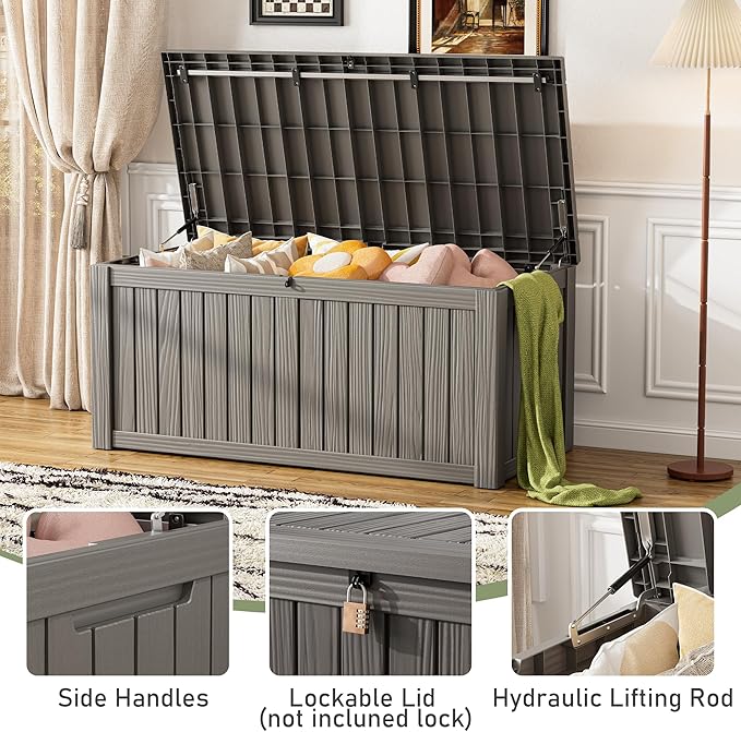 Outdoor Storage Box, Resin Deck Boxes Indoor and outdoor, Waterproof Storage Box Lockable Lid (Grey,150 Gallon) - Image 3