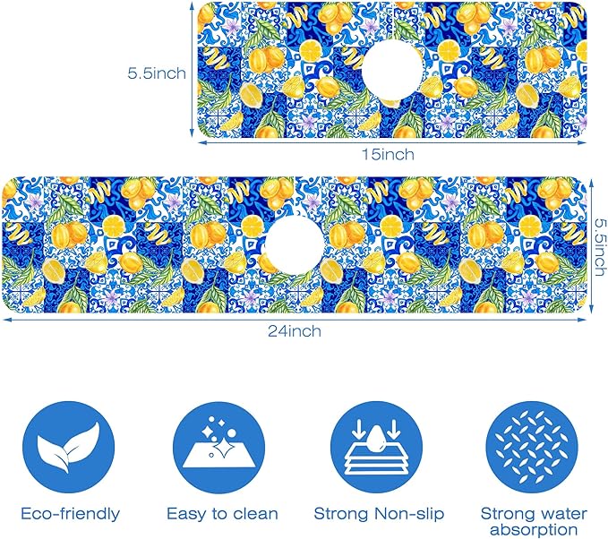 Blue Tiles and Yellow Lemon Sink Faucet Absorbing Mat Sink Splash Guard Faucet - Image 3