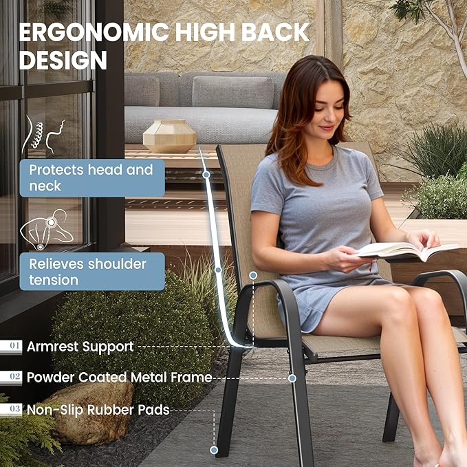 Patio Dining Chair Set of 6, Outdoor Stackable Dining Chairs High Back for All Weather, Patio Furniture for Backyard, Porch, Garden, Pool Deck (Brown) - Image 7