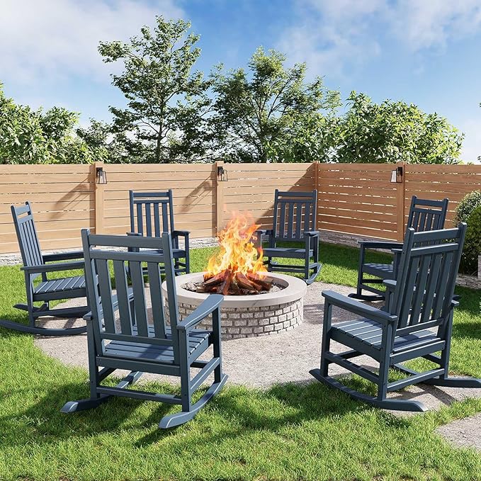 HDPE Rocking Chair Outdoor Set of 6 - Poly High Back Porch Rocker Chairs for Adults - All Weather Resistant Furniture for Patio Front Porch - Navy Blue by Garvee