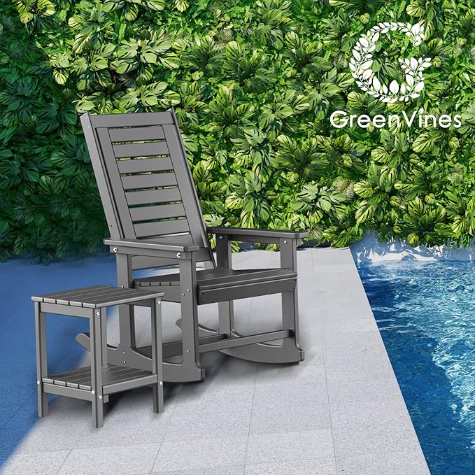 GREENVINES Outdoor Rocking Chair Set | 3-Piece | 2 Rocking Chairs with 1 Side Table | Porch Rocker | HDPE Plastic | Grey | Patio Furniture Sets | High Back | Big & Tall | Ladder Back - Image 2