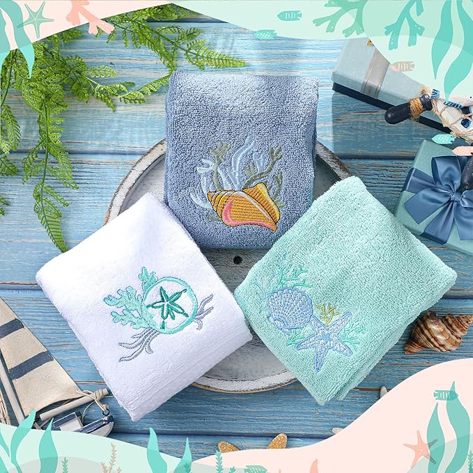 3 Pack Coastal Hand Towels for Bathroom 100% Cotton Embroidered Beach Bathroom - Image 4
