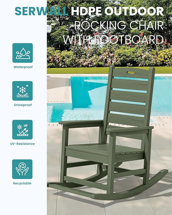 SERWALL Outdoor Rocking Chair, Oversized Rocking Chair with Footrest for Adults, HDPE All Weather Resistant Rocking Chairs for Patio, 350lbs Weight Capacity, Avocado Green - Image 4