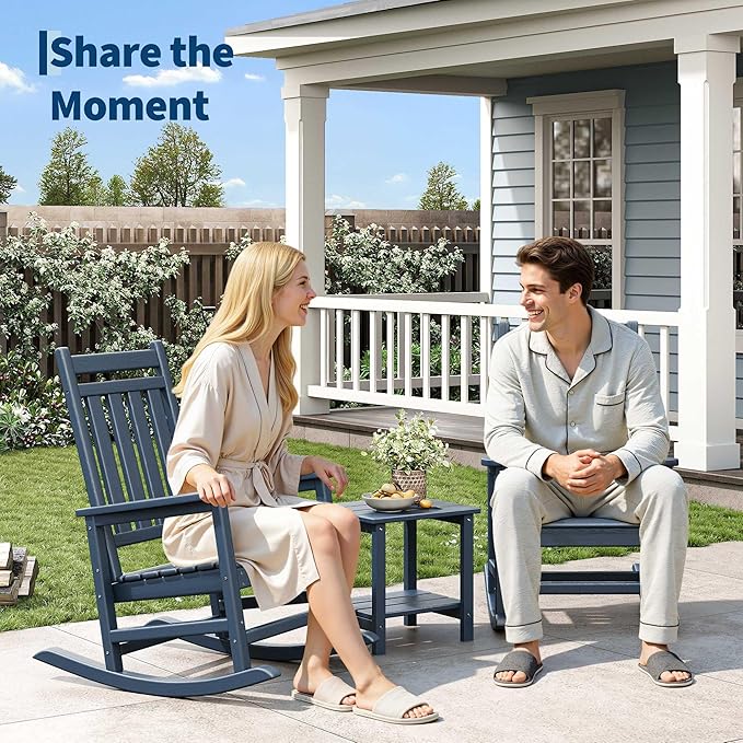 HDPE Rocking Chair Outdoor Set of 2 with Side Table - Poly High Back Porch Rocker Chairs for Adults - All Weather Resistant Furniture for Patio Front Porch - Navy Blue - Image 3