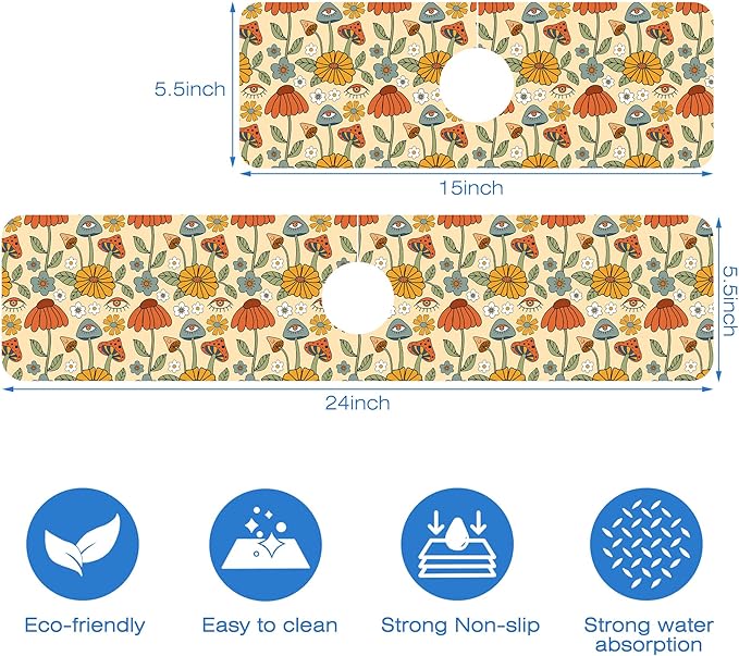 Abstract 70s Mushroom Floral Sink Faucet Absorbing Mat Sink Splash Guard Faucet - Image 3