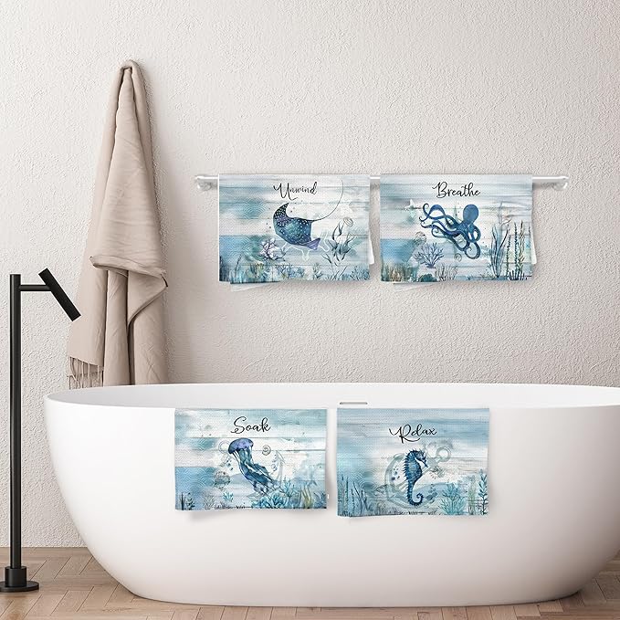 Nautical Hand Towels, Coastal Beach Bathroom Decor, Manta Ray Octopus Jellyfish - Image 6