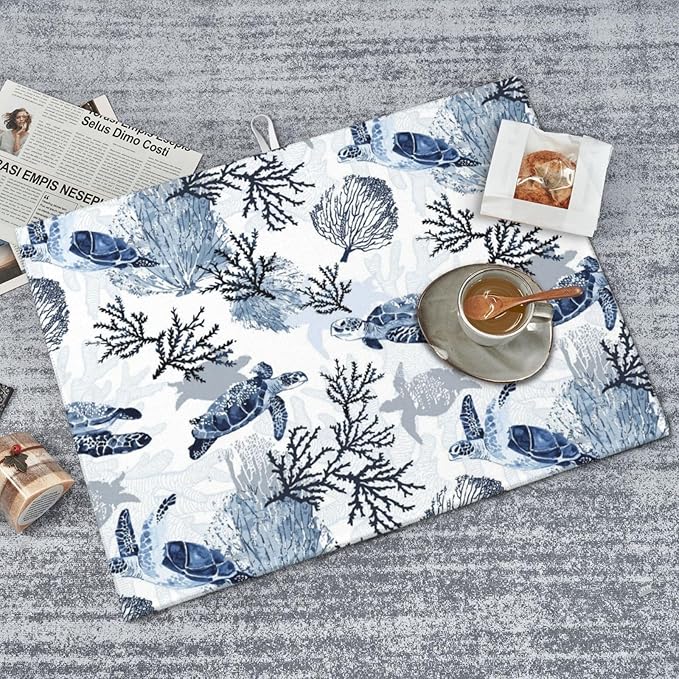 Navy Blue White Sea Turtle & Coral Dish Drying Mats - Image 4