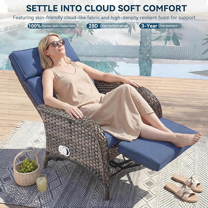 3 Pieces Zero Gravity Wicker Patio Recliner Chairs Set of 2 - Wicker Outdoor Lounge Chair with Side Table, Adjustable Backrest & Footrest, High Back Outdoor Recliner Chair for Pool Deck Blue - Image 3