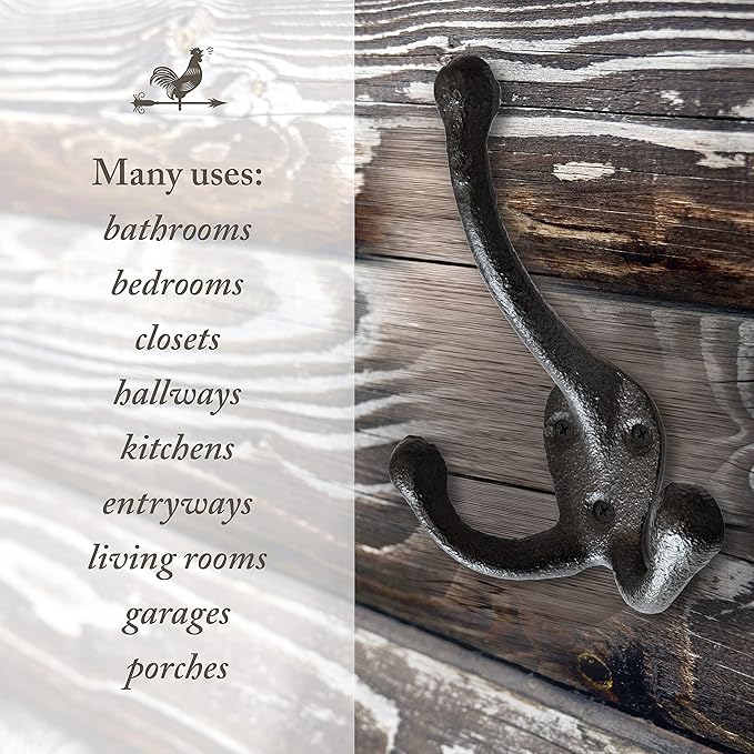 Cast Iron Tri Leg Coat Hooks Wall Mounted Farmhouse, Decorative, Rust Proof - Image 4