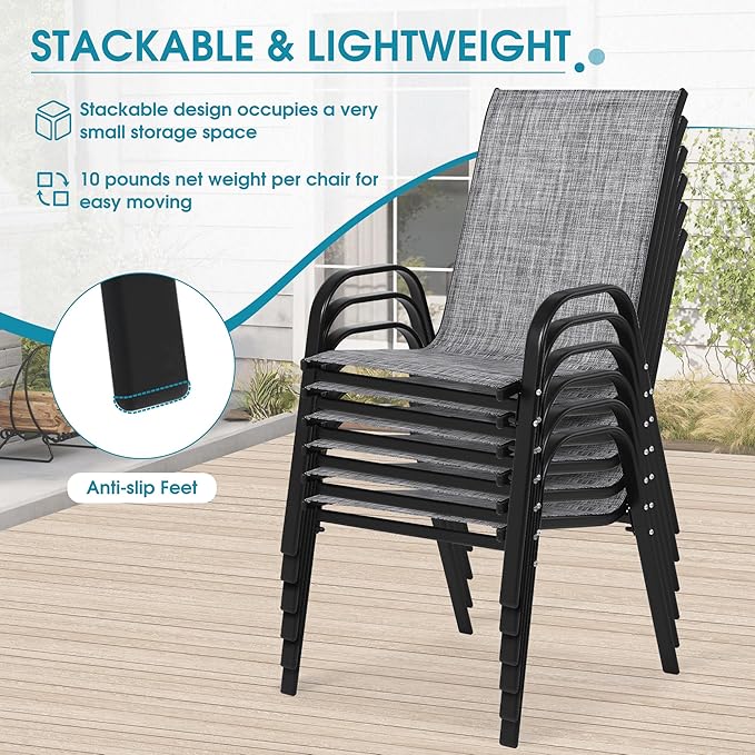 Outdoor Stackable Chairs Set of 6, Stacking Patio Chairs with Textilene Fabric, Outside Furniture for Garden Backyard Balconie Poolside Deck, Grey - Image 4