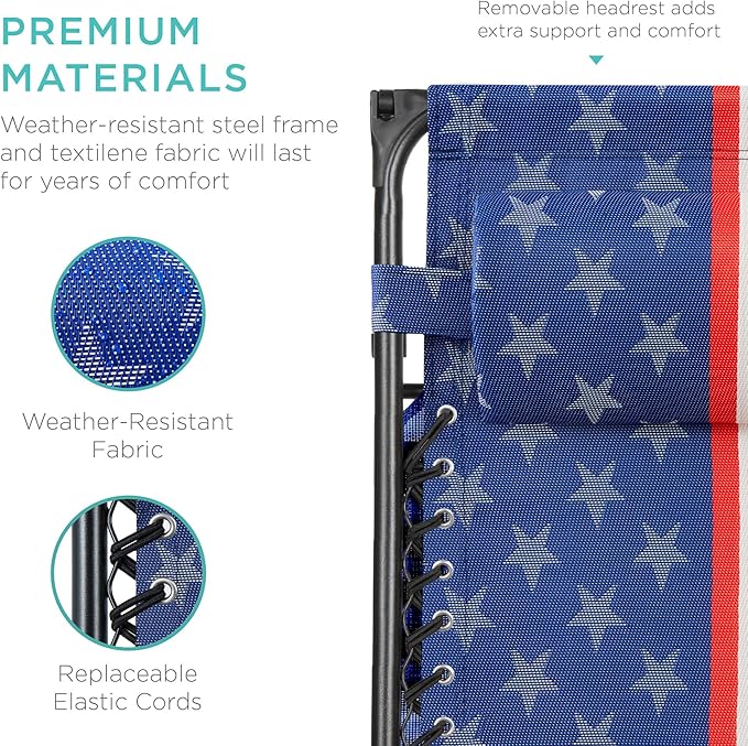 Best Choice Products Folding Zero Gravity Outdoor Recliner Patio Lounge Chair w/Adjustable Canopy Shade, Headrest, Side Accessory Tray, Textilene Mesh - American Flag - Image 6