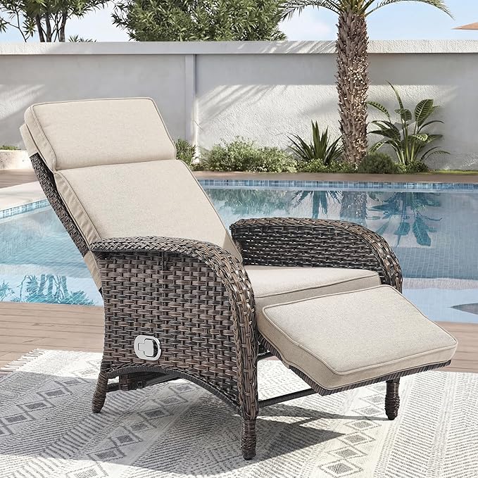 Zero Gravity Wicker Patio Recliner Chair - Wicker Outdoor Lounge Chair with Adjustable Backrest & Footrest, All Weather Outdoor Reclining Chairs with Thick Cushion for Pool Deck Beige by JelwalyPatioFurnitureSet
