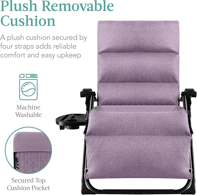 Best Choice Products Oversized Zero Gravity Chair, Folding Outdoor Patio Recliner, XL Anti Gravity Lounger w/Removable Cushion, Cup Holder, Side Tray, 350lb Capacity - Lavender - Image 3