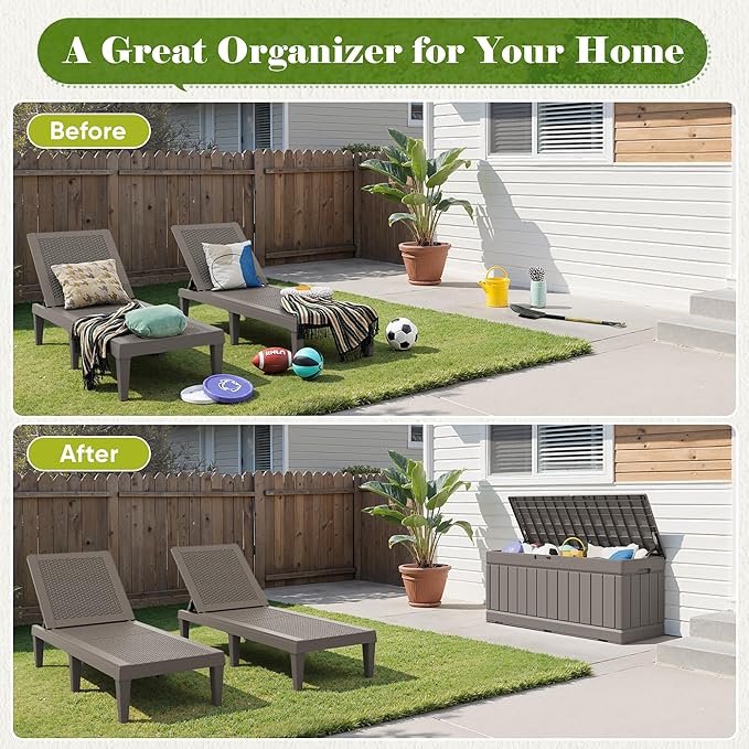 Flamaker Outdoor Storage Box 80 Gallon Resin Waterproof Deck Box Delivery Box with Wood Texture Large Storage Bin for Patio Cushions (Light Brown) - Image 6