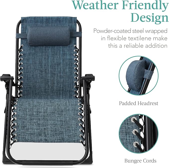 Best Choice Products Oversized Zero Gravity Chair, Folding Outdoor Patio Recliner, XL Anti Gravity Lounger w/Removable Cushion, Cup Holder, Side Tray, 350lb Capacity - Graphite Blue - Image 5