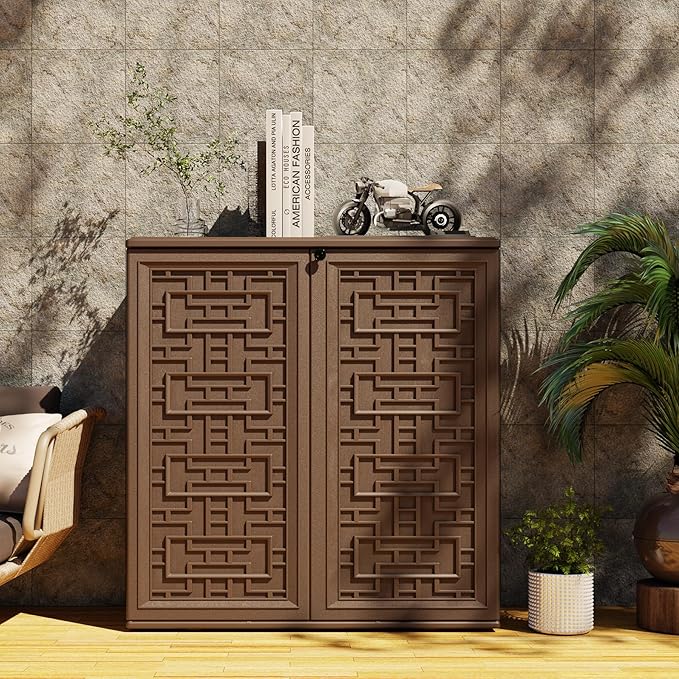 Indoor Outdoor Storage Cabinet Waterproof with 1 Shelf, Plastic Outdoor Storage Cabinets for Patio/Garden/Backyard, Size 34.3''L*15''W*36.2''H(Brown) - Image 4