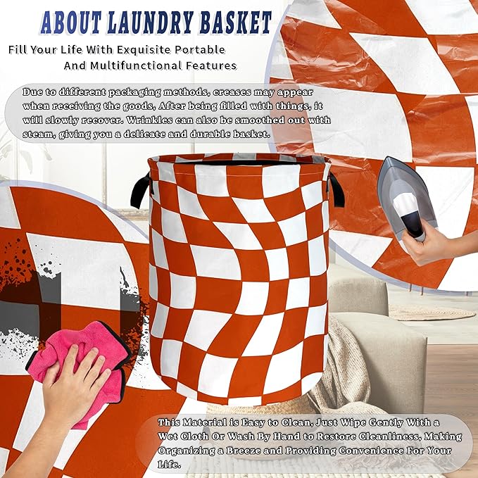 Orange Checkerboard Laundry Hamper Foldable Oxford Cloth Colorful Plaid Laundry - Image 8