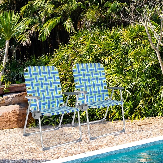 VINGLI Folding Aluminum Webbed Oversized Lawn Chairs with Detachable Cup Holder, 300LBS High Beach Chair for Adults Heavy Duty, Portable Patio Chair for Yard, Garden, 2 Pack,Blue/Green - Image 2