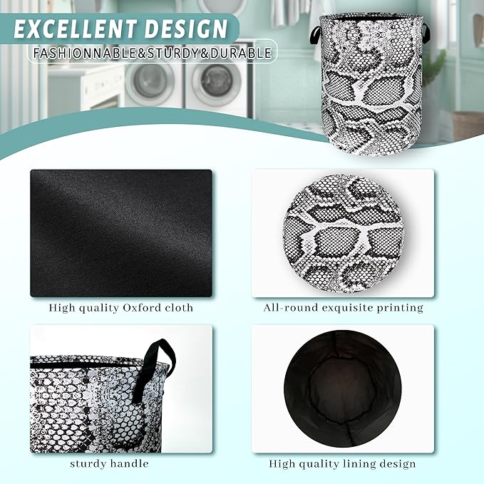 Grey White Snake Texture Laundry Hamper Snake Colorful Laundry Basket - Image 4