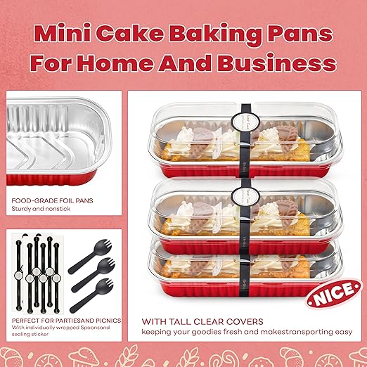 50 PACK Mini Cake Pans with Lids and Spoons, Rectangular Aluminum Foil Bread Pan - Image 5
