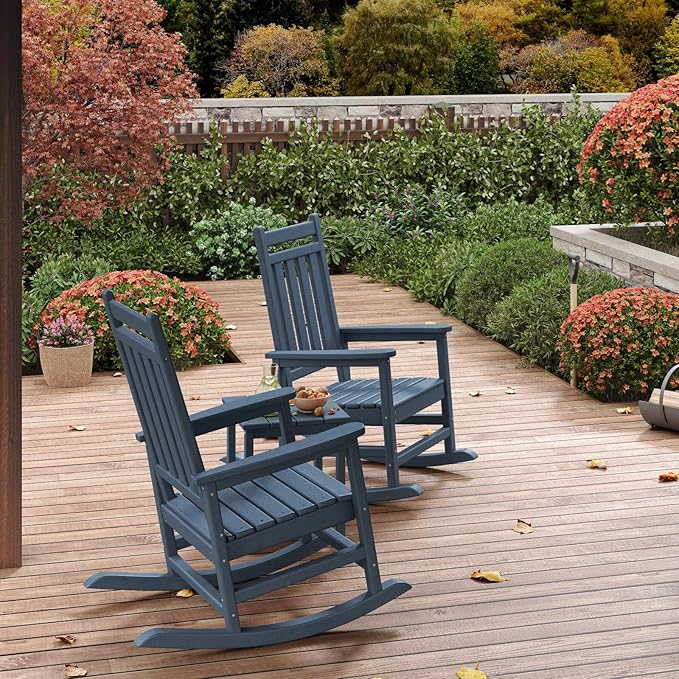 HDPE Rocking Chair Outdoor Set of 6 - Poly High Back Porch Rocker Chairs for Adults - All Weather Resistant Furniture for Patio Front Porch - Navy Blue - Image 7