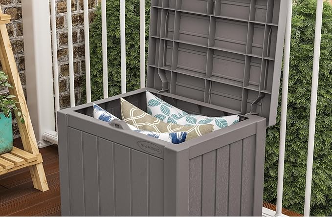 Suncast 22-Gallon Small Deck Box - Lightweight Resin Indoor/Outdoor Storage Container and Seat for Patio Cushions and Gardening Tools - Store Items on Patio, Garage, Yard - Stone Gray, Made in the USA - Image 11