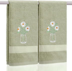 2 Pcs Daisy Flower Hand Towels Gray Green Bathroom Decor 14x29 Inch Embroidered by SmoothNovelty
