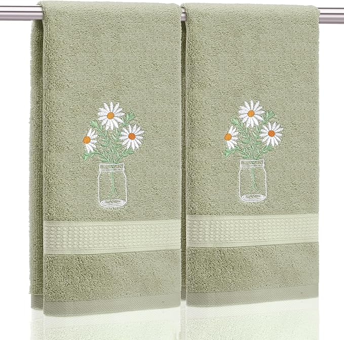 2 Pcs Daisy Flower Hand Towels Gray Green Bathroom Decor 14x29 Inch Embroidered by SmoothNovelty