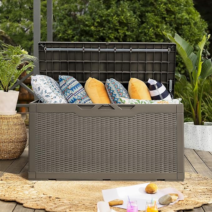 Flamaker Deck Box with Cushion 100 Gallon Waterproof Resin Storage Box with Air Rod Indoor Outdoor Lockable Storage Bench for Patio Furniture, Tools, Pool Accessories (Brown) - Image 5