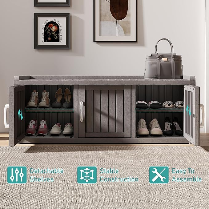 2-Tier Storage Bench, Waterproof UV-Resistant Outdoor Shoe Storage Cabinet with 3 Doors & Adjustable Shelves for Indoor Outdoor Entryway, Hallway, Living Room (Grey) - Image 5