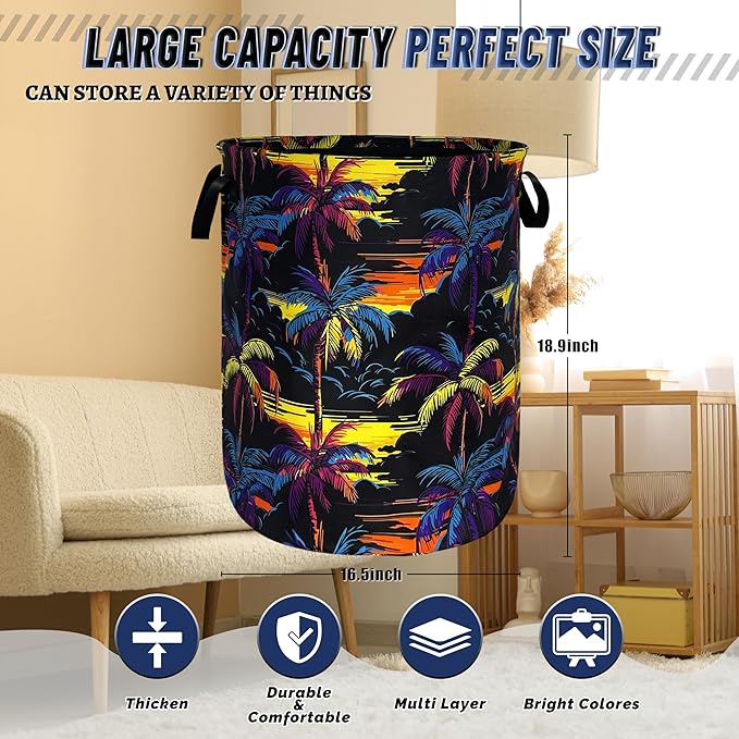 Colorful Palm Tree Laundry Basket Foldable Oxford Cloth Hawaii Laundry Hamper - Image 3