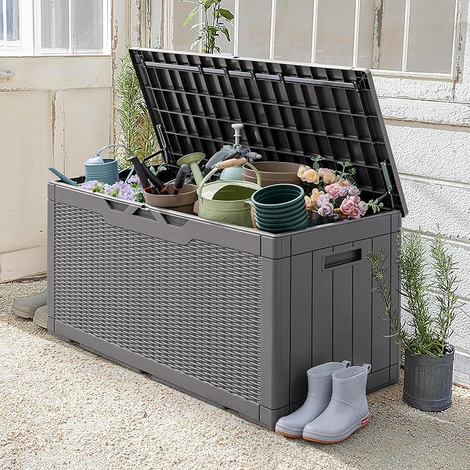 Greesum 100 Gallon Resin Patio Storage Box for Garden Tools, Outdoor Furniture Cushions, Pool Supplies, Gray - Image 2