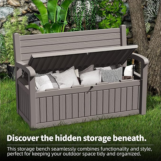 80 Gallon Outdoor Storage Bench Deck Box Waterproof Lockable,Outdoor Storage Furniture for Patio,Garden and Porch,Tools and Cushions（Grey Stripe） - Image 8